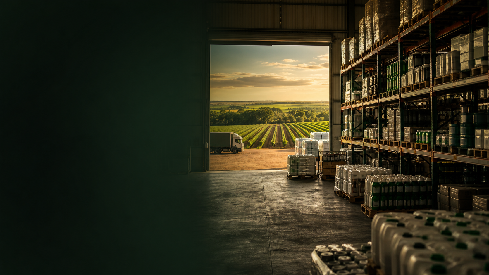 Centro de distribuição de insumos agrícolas com lavoura ao fundo