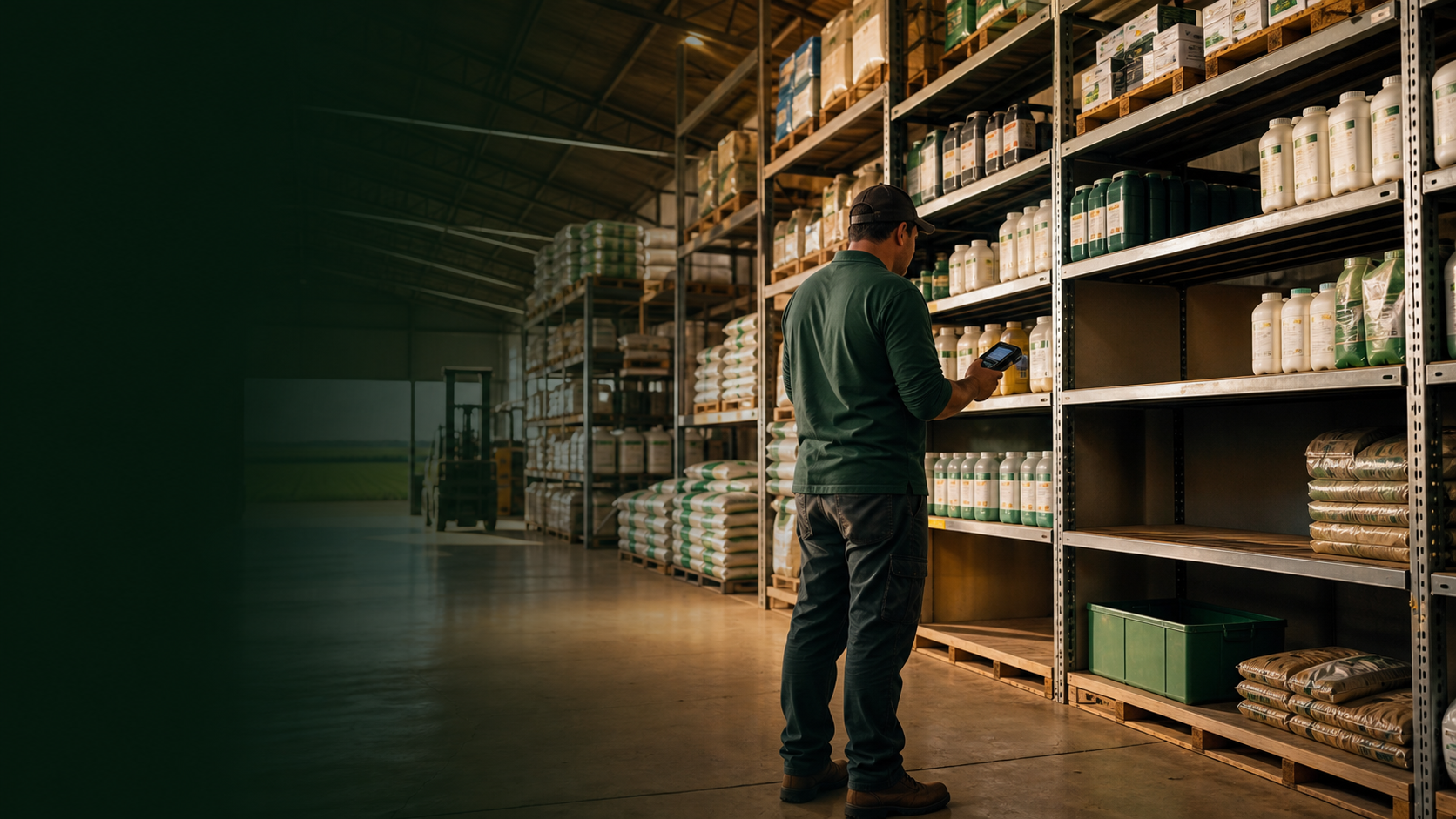 Profissional realizando inventário em um armazém de insumos agrícolas