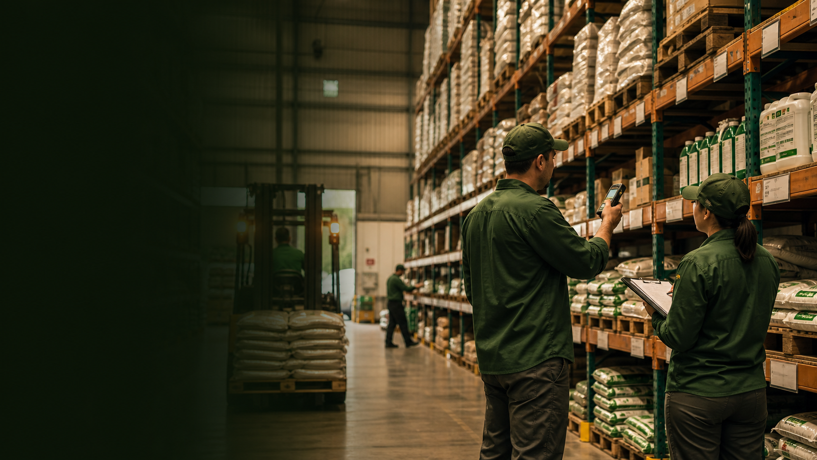 Equipe realizando inventário enquanto o armazém de insumos continua operando