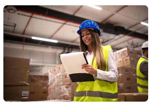 Funcionária com capacete azul e colete amarelo verificando prancheta em depósito durante processo de expedição de produtos