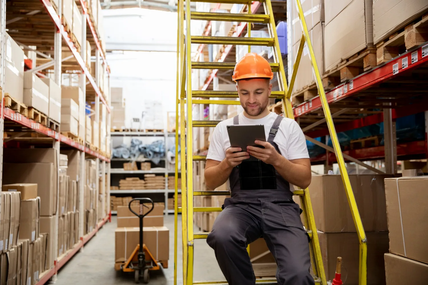 Funcionário de capacete usando tablet em depósito para acompanhar o SLA de armazenagem e entrega