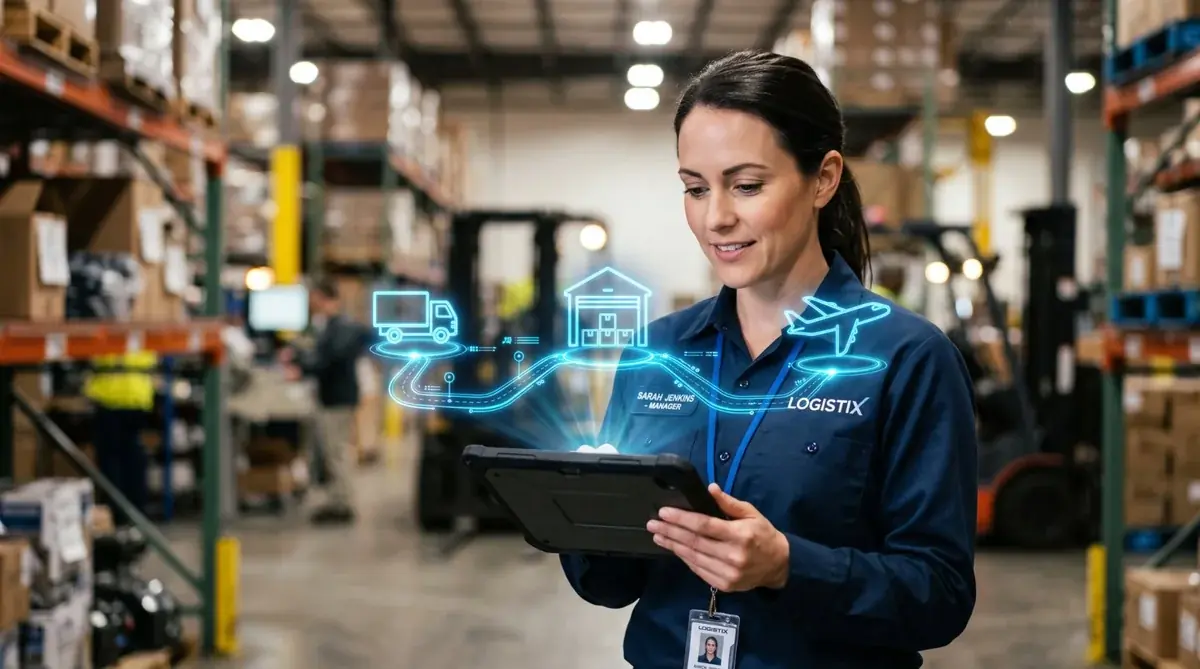 Gestora de armazém usando tablet com rota logística holográfica de caminhão, galpão e avião, representando a conexão entre WMS e ERP.